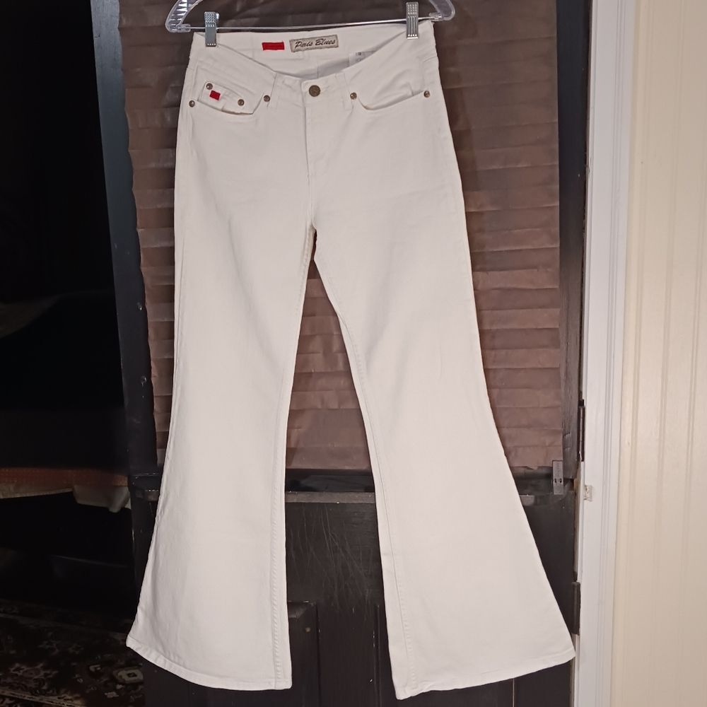 Vintage 90s Paris Blues Stretch White Denim Jeans Flair Leg Womans/Junior Size 9